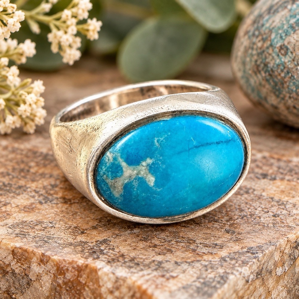Vintage Cellini Sterling Silver Turquoise Ring Size 7 Oval Cabochon Boho 5.62g
